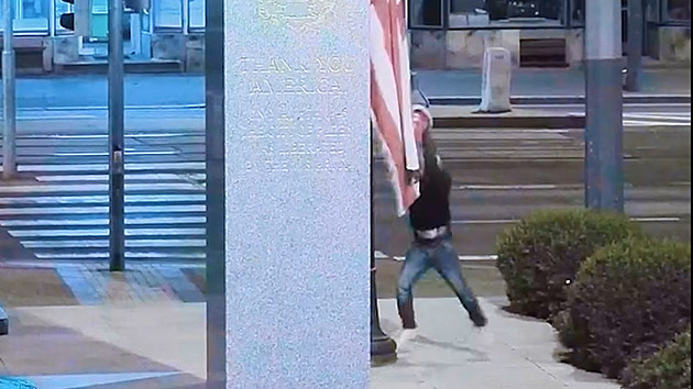 Vandal strhl z památníku americkou vlajku a pak vztyčil pravici, hledají ho strážníci